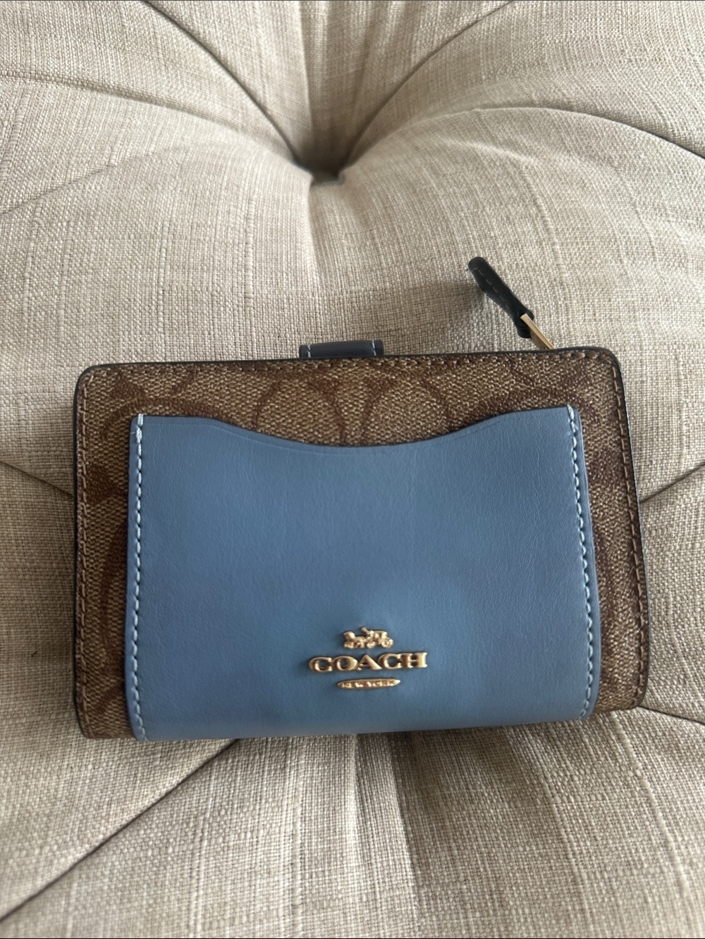 Coach Blue Leather and Brown Signature Compact Wallet